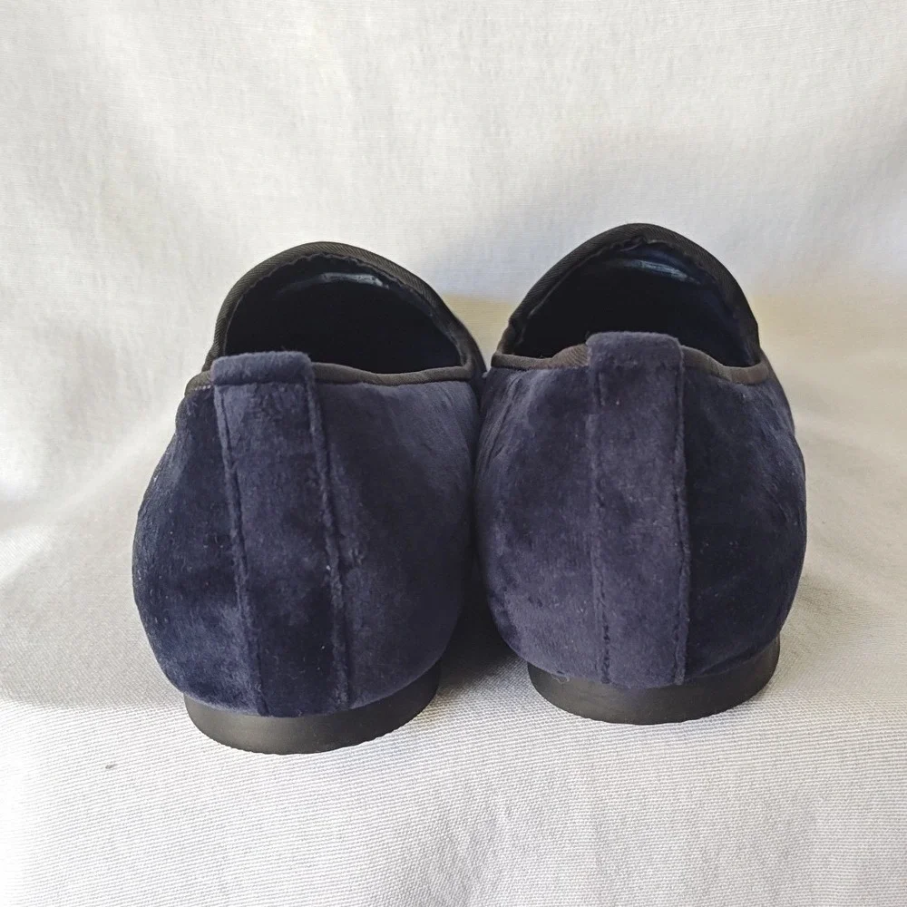 Vionic Romi Loafer Smoking Slippers Navy Blue Velvet Gold Embroidered Crest  8.5